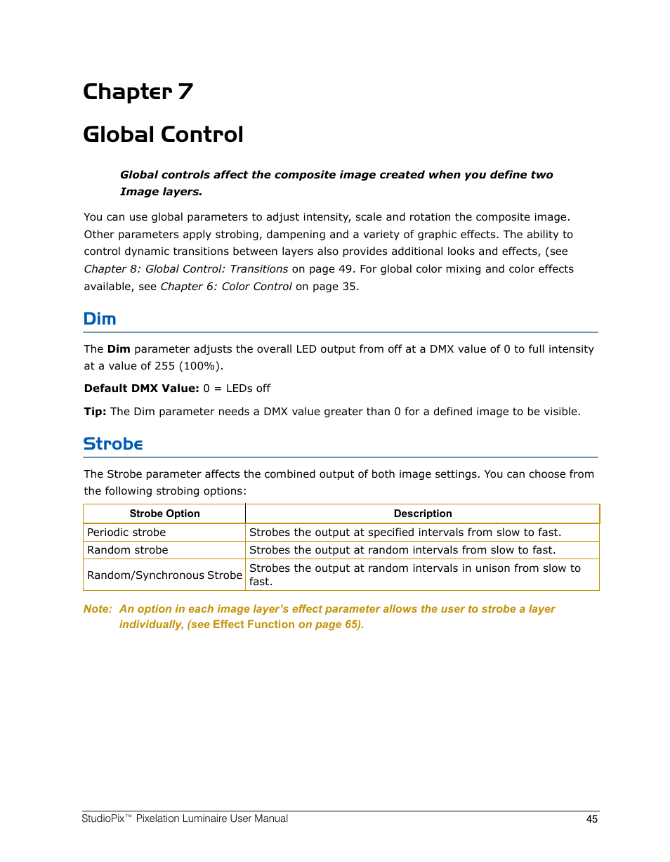 Chapter 7 global control, Strobe, Chapter 7: global control | High End Systems StudioPix Pixelation Luminaire User Manual | Page 59 / 118