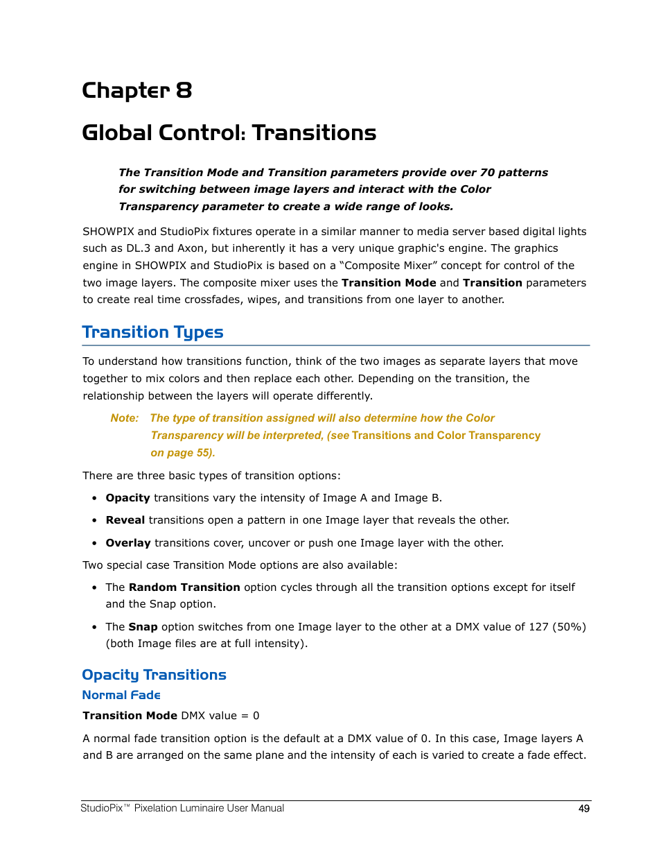 Chapter 8 global control: transitions, Transition types, Opacity transitions | Normal fade, Chapter 8: global control: transitions | High End Systems StudioPix Pixelation Luminaire User Manual | Page 63 / 118