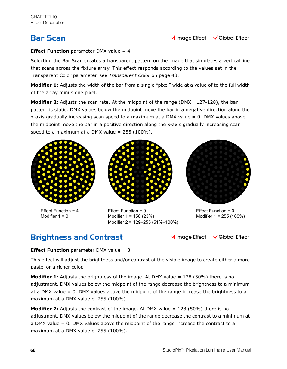 Bar scan, Brightness and contrast | High End Systems StudioPix Pixelation Luminaire User Manual | Page 82 / 118