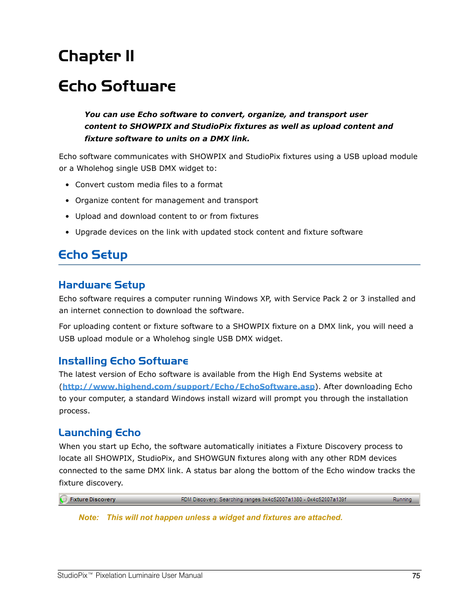 Chapter 11 echo software, Echo setup, Hardware setup | Installing echo software, Launching echo, Chapter 11: echo software | High End Systems StudioPix Pixelation Luminaire User Manual | Page 89 / 118