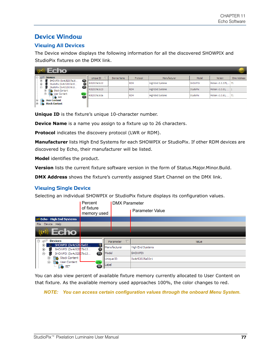 Device window, Viewing all devices, Viewing single device | Viewing all devices viewing single device | High End Systems StudioPix Pixelation Luminaire User Manual | Page 91 / 118