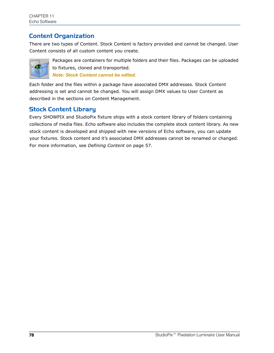 Content organization, Stock content library, Content organization stock content library | High End Systems StudioPix Pixelation Luminaire User Manual | Page 92 / 118