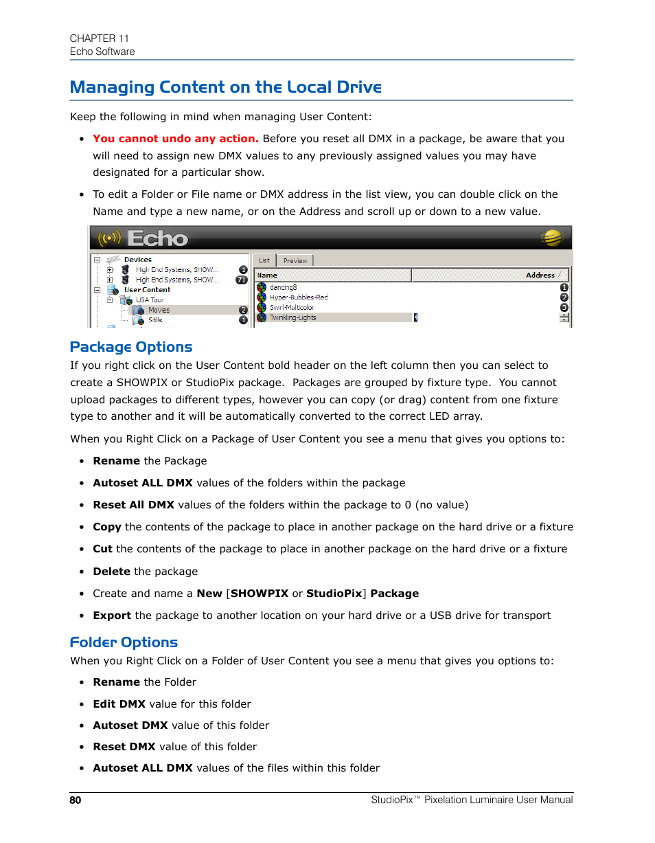 Managing content on the local drive, Package options, Folder options | Package options folder options | High End Systems StudioPix Pixelation Luminaire User Manual | Page 94 / 118