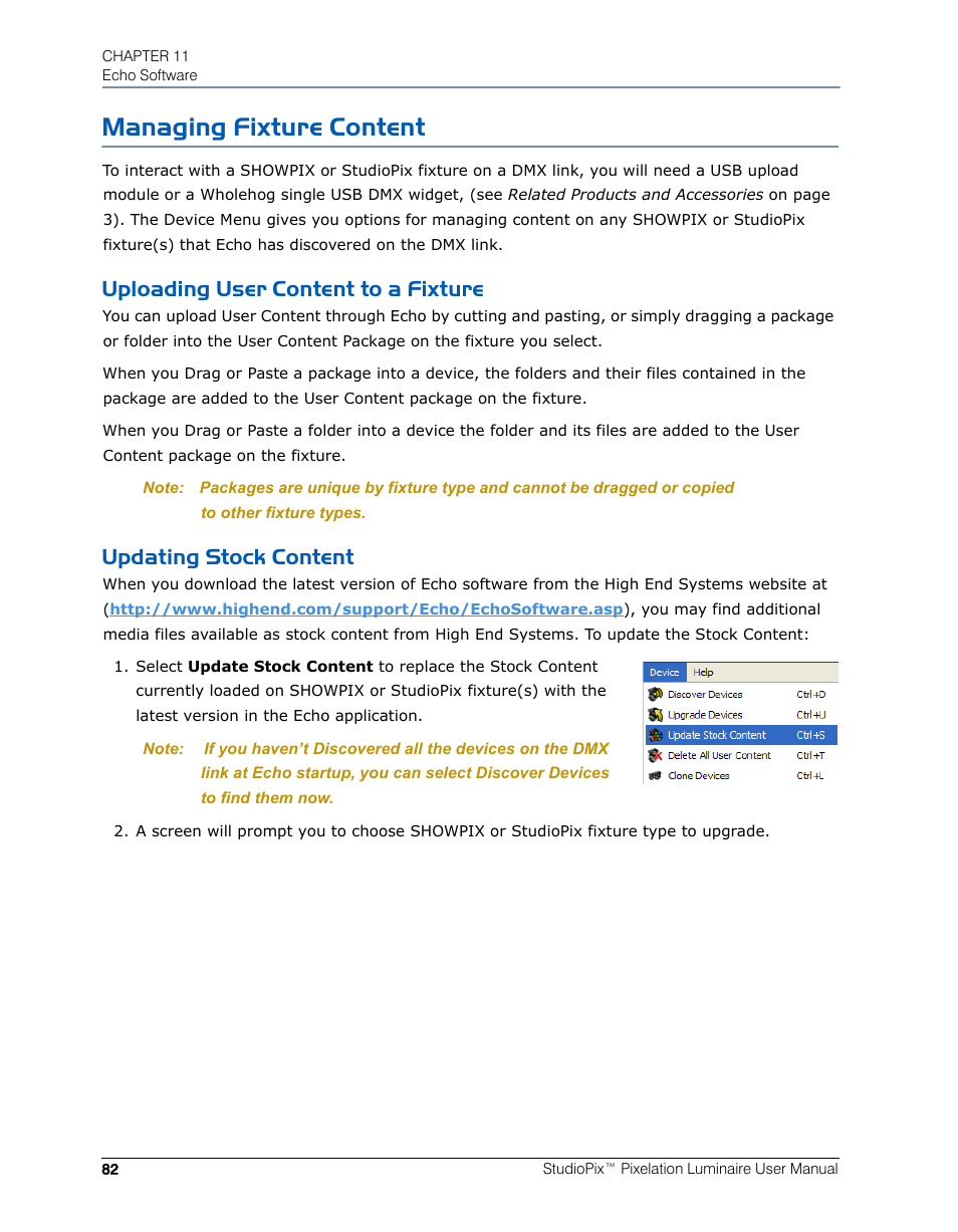 Managing fixture content, Uploading user content to a fixture, Updating stock content | High End Systems StudioPix Pixelation Luminaire User Manual | Page 96 / 118