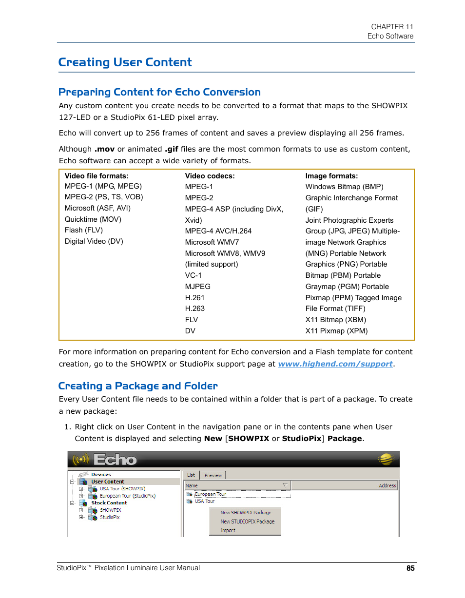 Creating user content, Preparing content for echo conversion, Creating a package and folder | High End Systems StudioPix Pixelation Luminaire User Manual | Page 99 / 118
