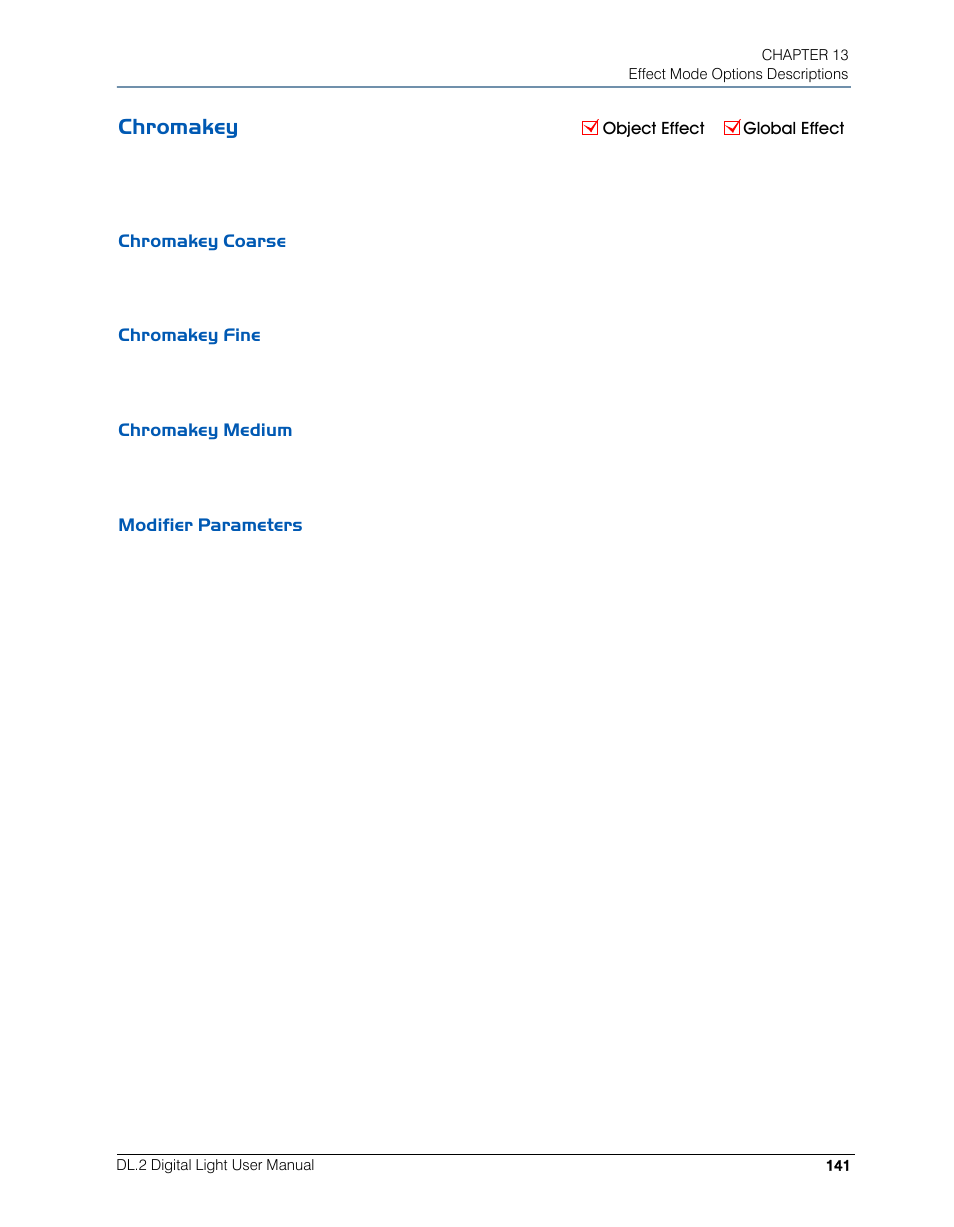Chromakey, Chromakey coarse, Chromakey fine | Chromakey medium, Modifier parameters | High End Systems DL.2 User Manual | Page 163 / 322