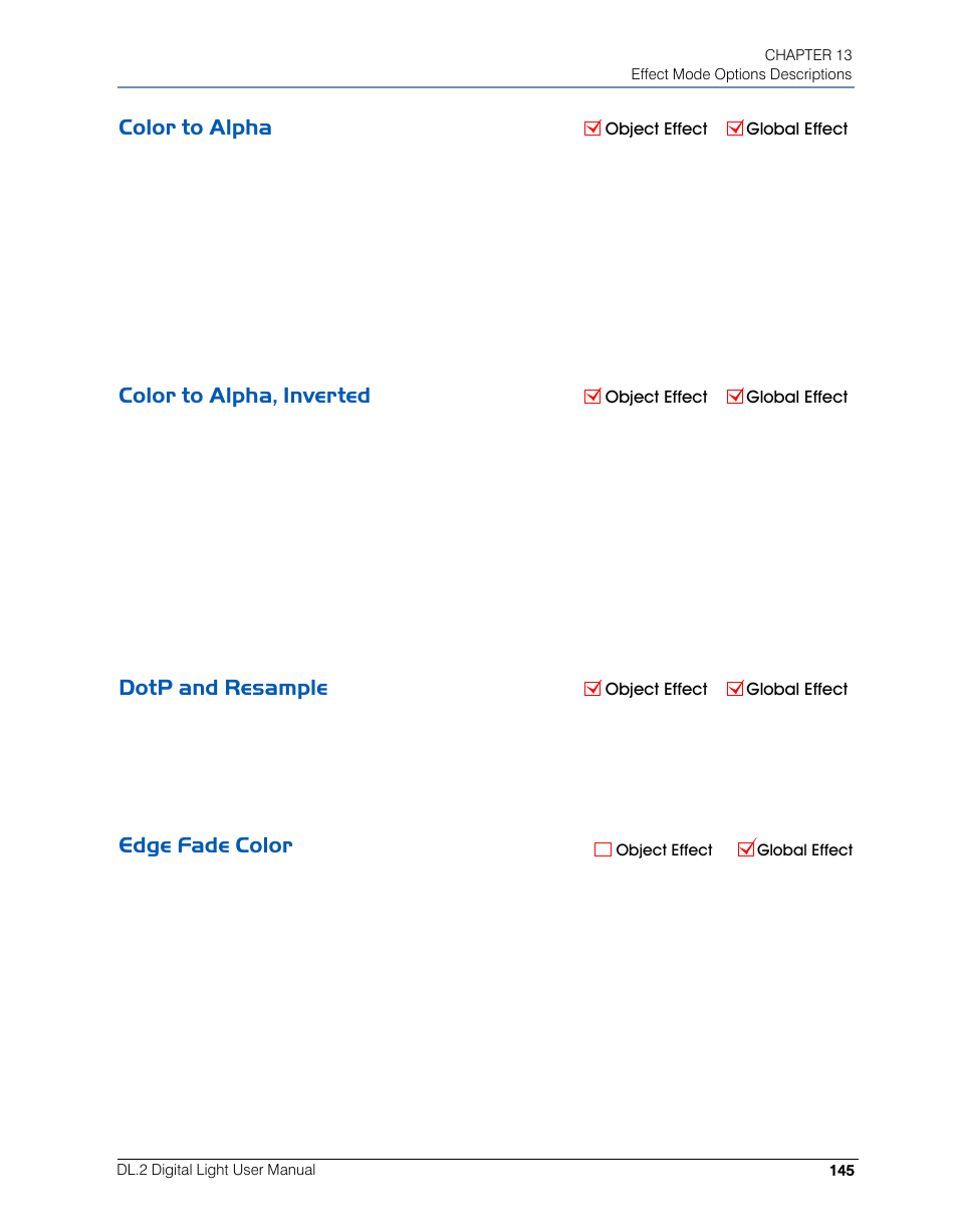 Color to alpha, Color to alpha, inverted, Dotp and resample | Edge fade color | High End Systems DL.2 User Manual | Page 167 / 322