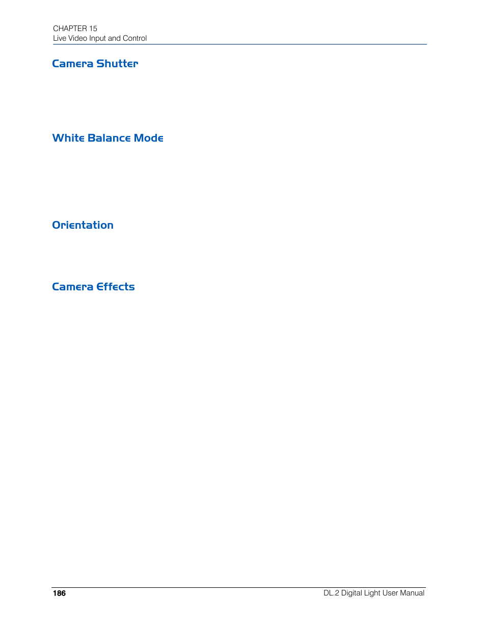 Camera shutter, White balance mode, Orientation | Camera effects, White balance mode orientation camera effects | High End Systems DL.2 User Manual | Page 208 / 322