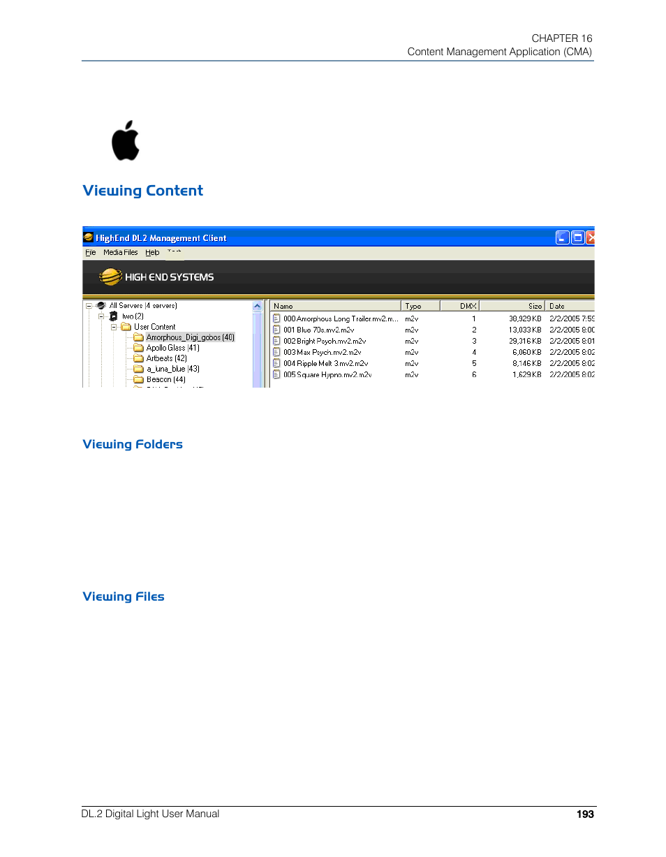 Viewing content, Viewing folders, Viewing files | Viewing folders viewing files | High End Systems DL.2 User Manual | Page 215 / 322