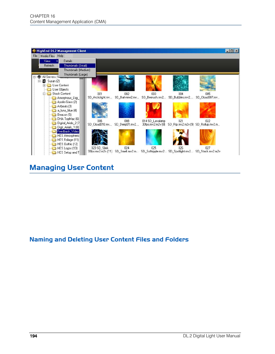 Managing user content, Naming and deleting user content files and folders, Naming and | High End Systems DL.2 User Manual | Page 216 / 322