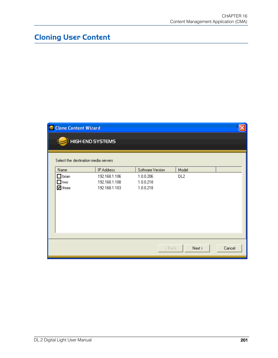 Cloning user content | High End Systems DL.2 User Manual | Page 223 / 322