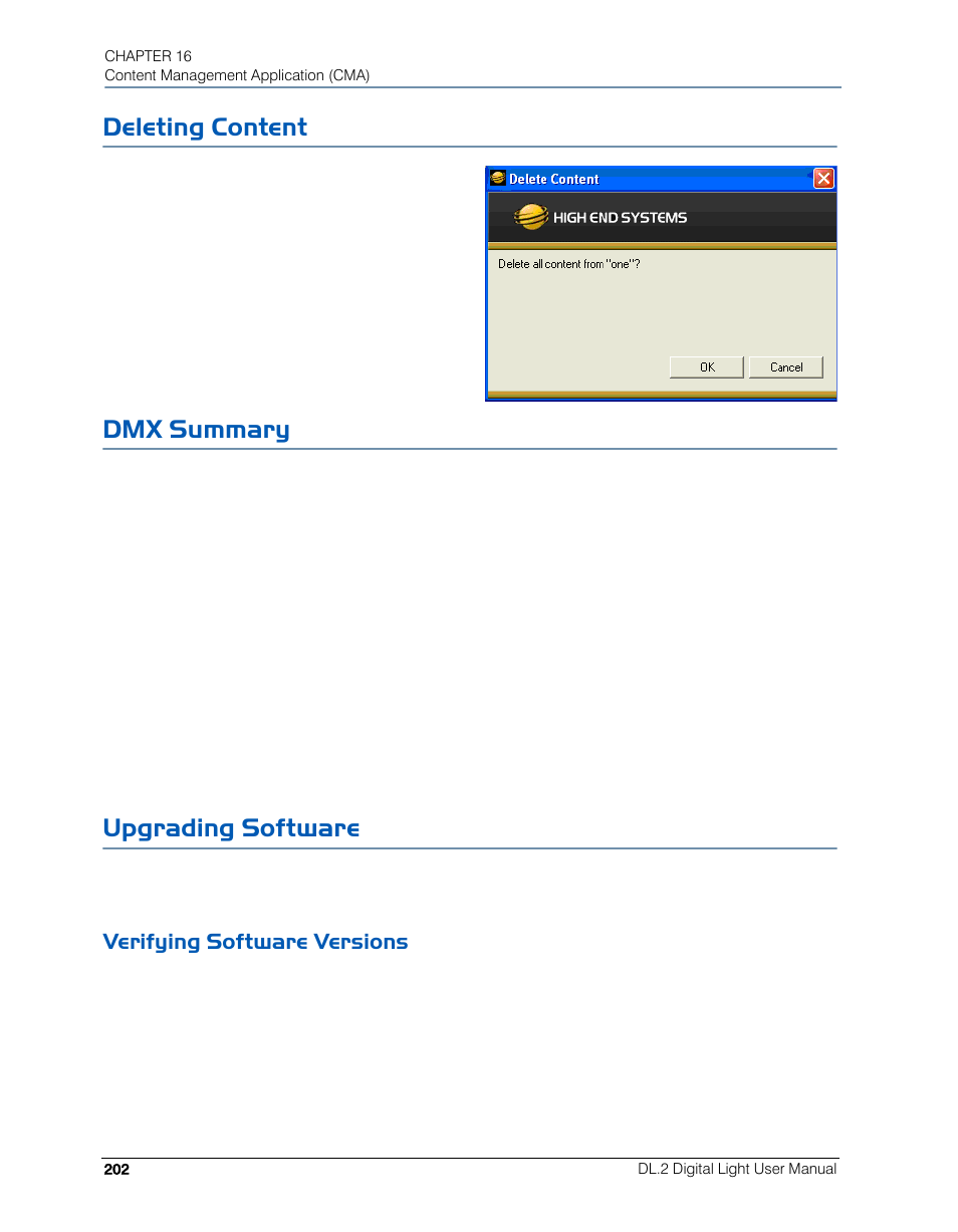 Deleting content, Dmx summary, Upgrading software | Verifying software versions, Deleting content dmx summary upgrading software | High End Systems DL.2 User Manual | Page 224 / 322