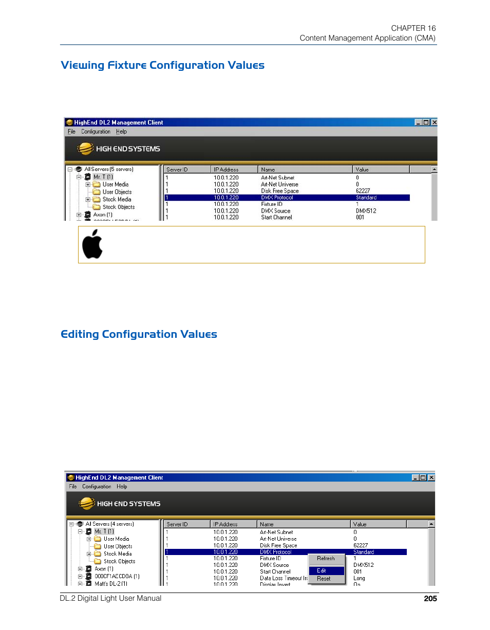 Viewing fixture configuration values, Editing configuration values | High End Systems DL.2 User Manual | Page 227 / 322