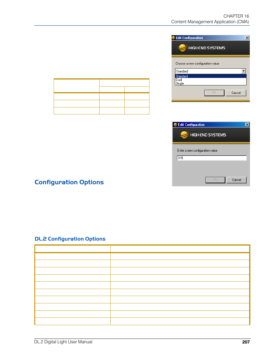 Configuration options, Dl.2 configuration options | High End Systems DL.2 User Manual | Page 229 / 322