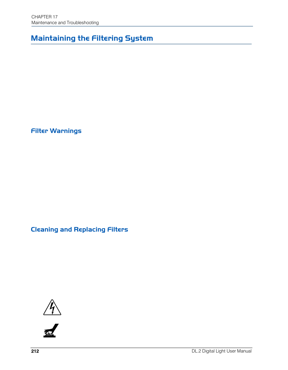 Maintaining the filtering system, Filter warnings, Cleaning and replacing filters | Filter warnings cleaning and replacing filters | High End Systems DL.2 User Manual | Page 234 / 322