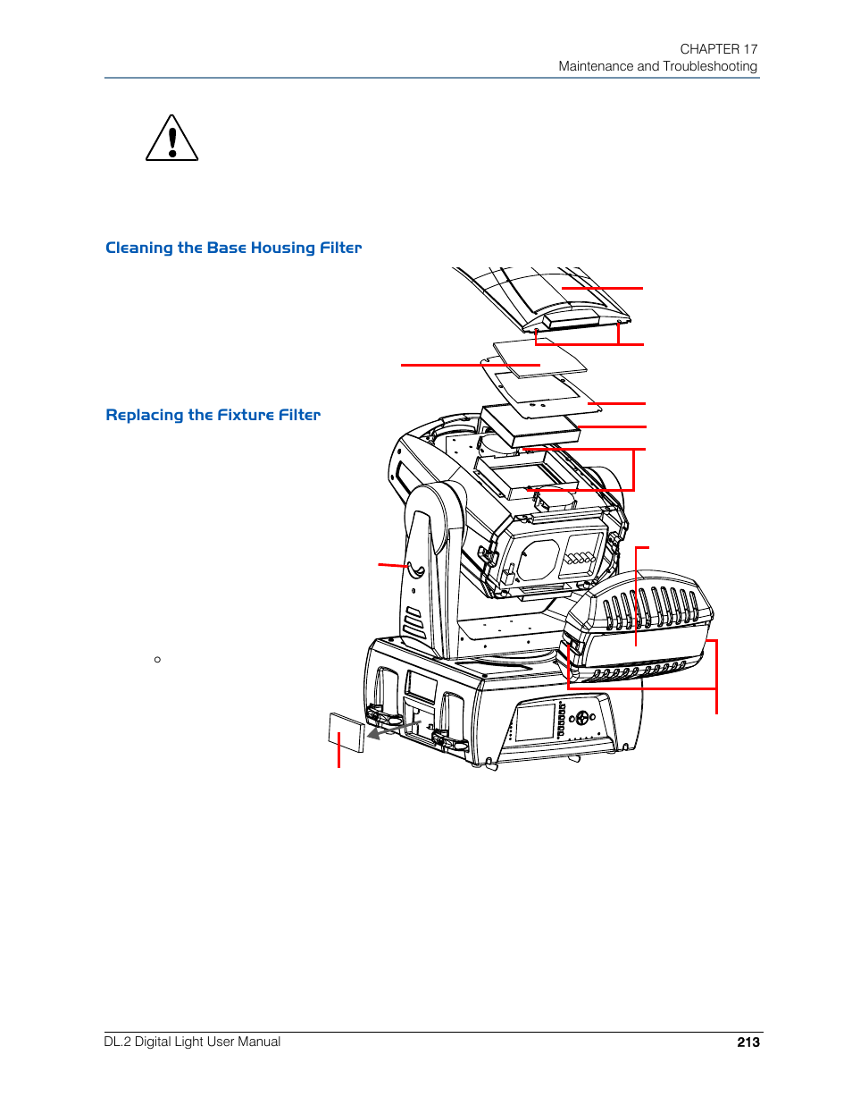 Cleaning the base housing filter, Replacing the fixture filter | High End Systems DL.2 User Manual | Page 235 / 322