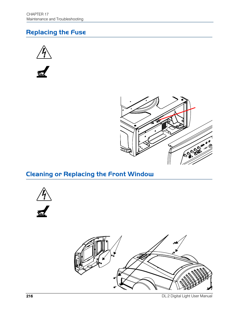 Replacing the fuse, Cleaning or replacing the front window | High End Systems DL.2 User Manual | Page 238 / 322