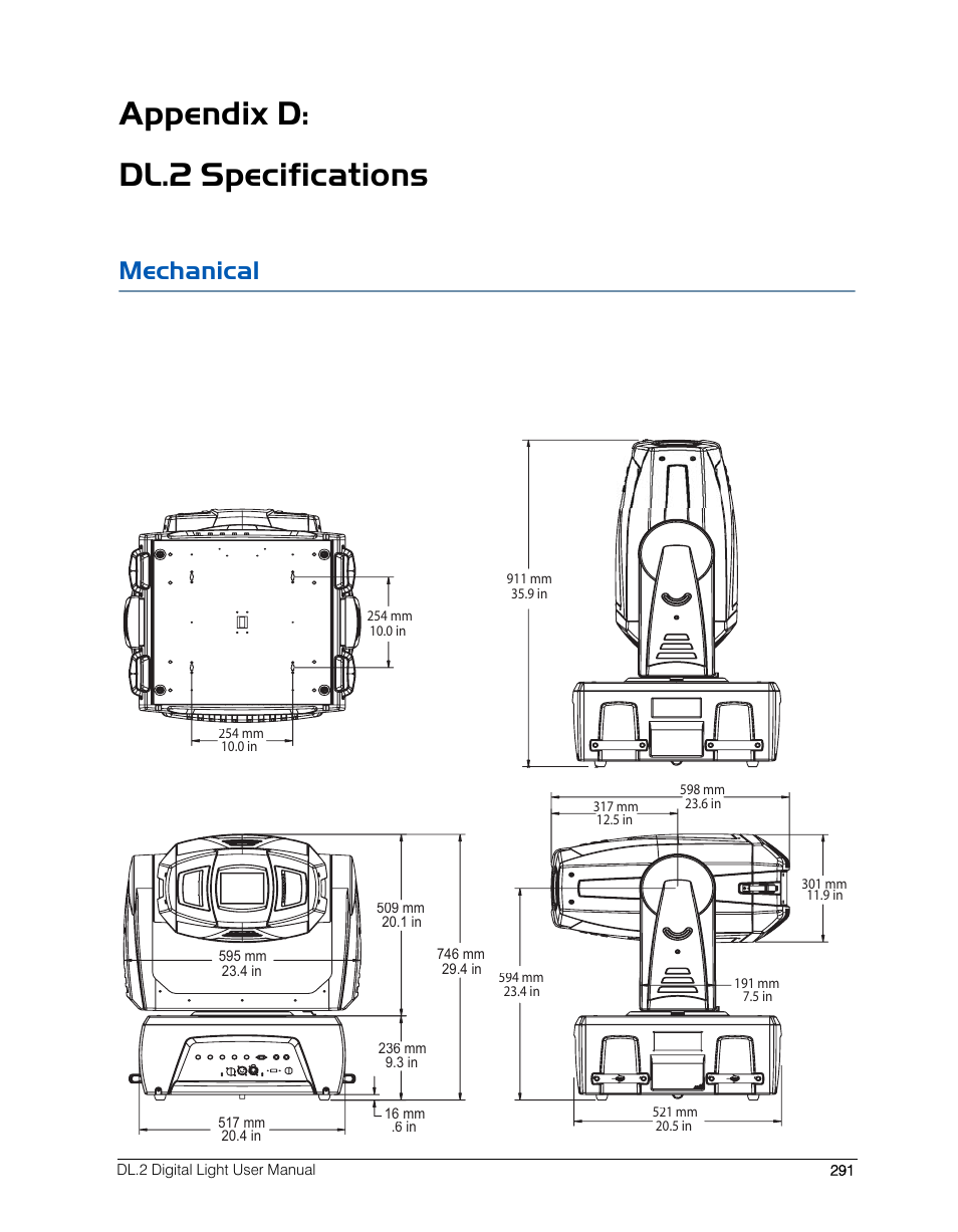 Appendix d: dl.2 specifications, Mechanical | High End Systems DL.2 User Manual | Page 313 / 322