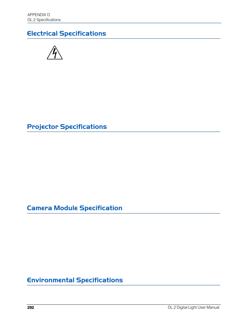 Electrical specifications, Projector specifications, Camera module specification | Environmental specifications | High End Systems DL.2 User Manual | Page 314 / 322