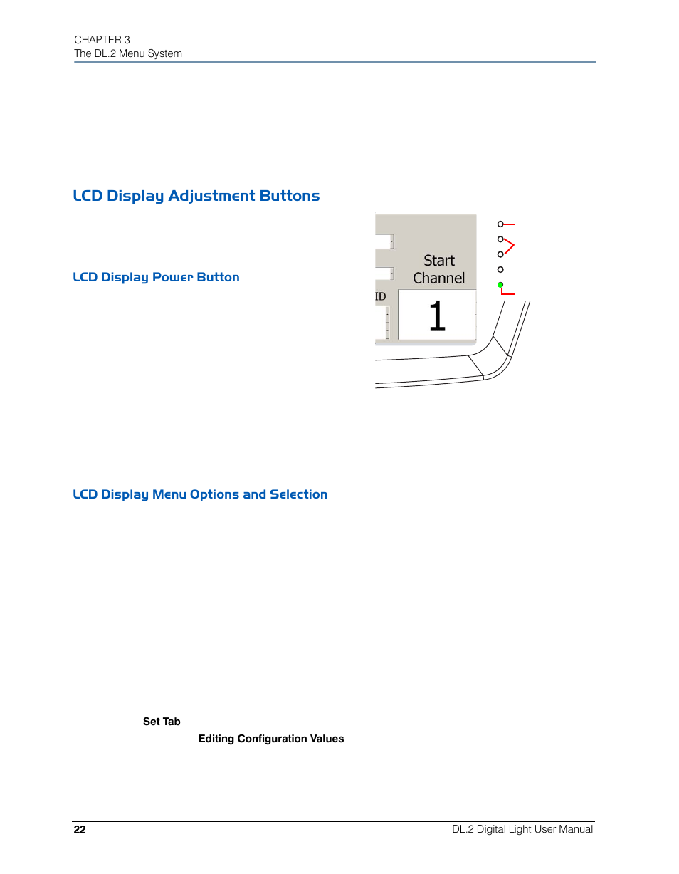 Lcd display adjustment buttons, Lcd display power button, Lcd display menu options and selection | High End Systems DL.2 User Manual | Page 44 / 322