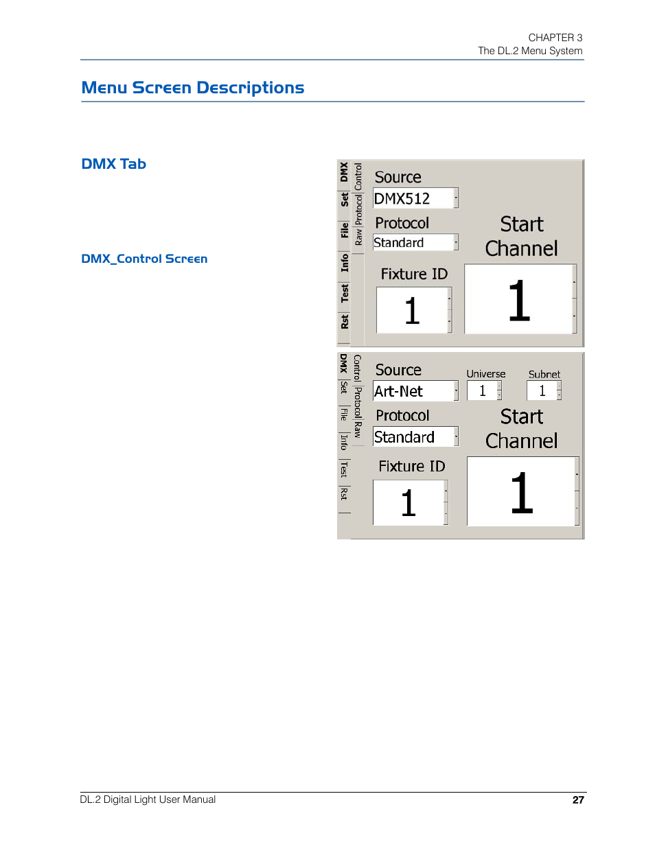 Menu screen descriptions, Dmx tab, Dmx_control screen | Control, Graphic objects | High End Systems DL.2 User Manual | Page 49 / 322