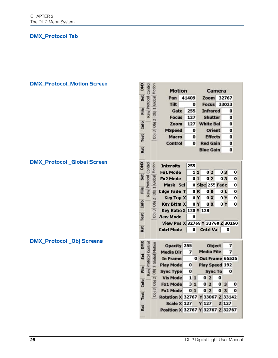 Dmx_protocol tab, Dmx_protocol_motion screen, Dmx_protocol _global screen | Dmx_protocol _obj screens | High End Systems DL.2 User Manual | Page 50 / 322