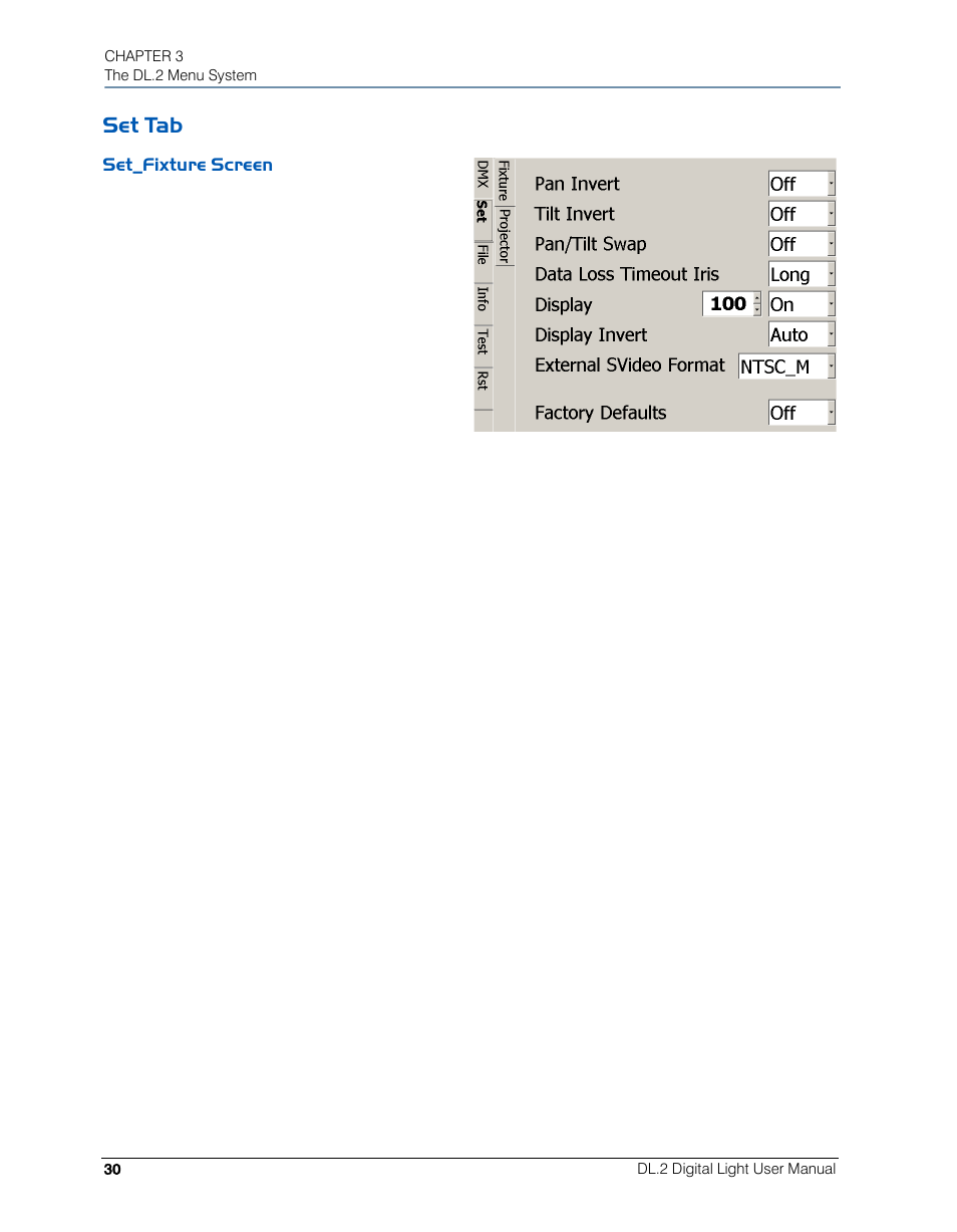 Set tab, Set_fixture screen, Movement options | Timeout options, Display options | High End Systems DL.2 User Manual | Page 52 / 322