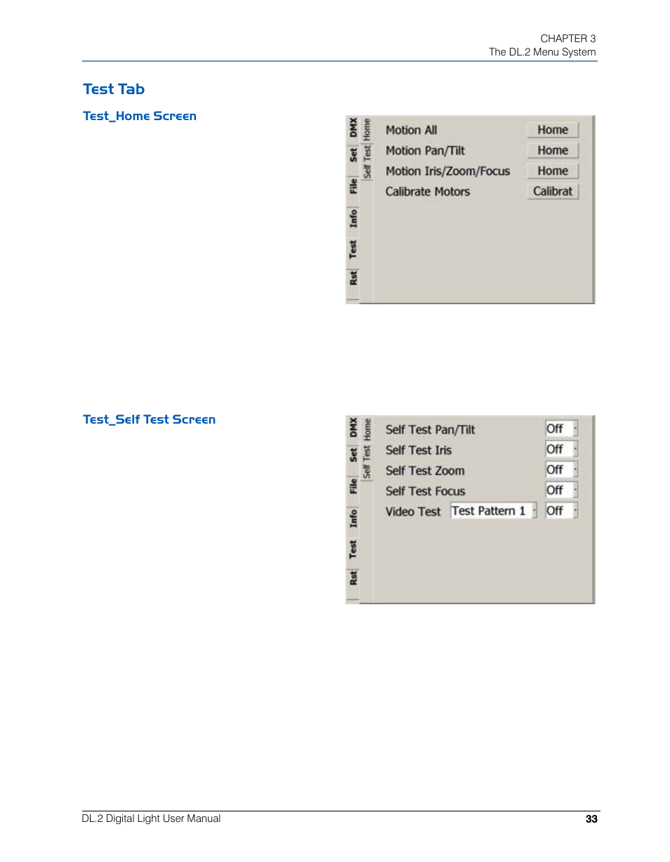 Test tab, Test_home screen, Test_self test screen | Test_home screen test_self test screen | High End Systems DL.2 User Manual | Page 55 / 322
