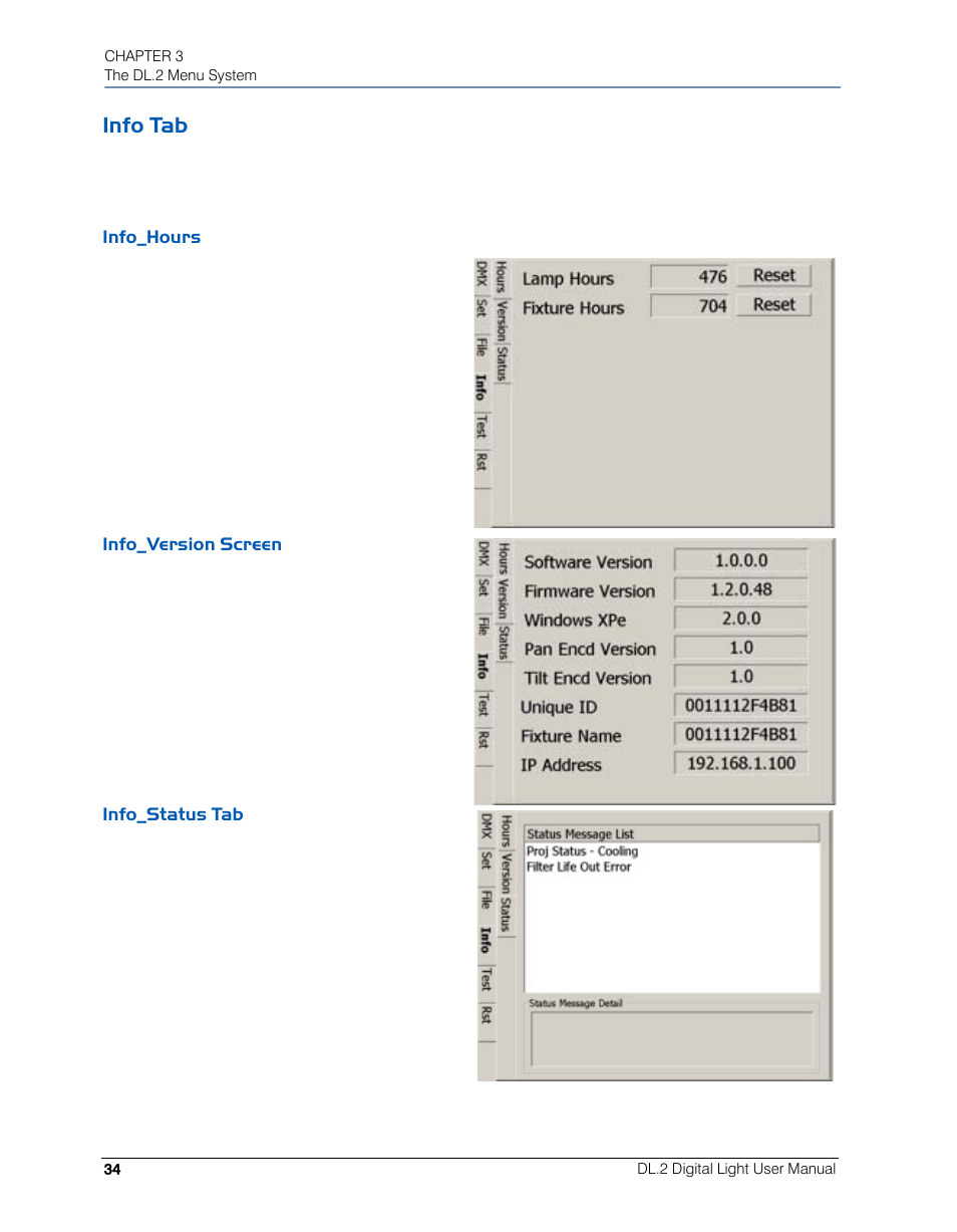 Info tab, Info_hours, Info_version screen | Info_status tab, Info_hours info_version screen info_status tab | High End Systems DL.2 User Manual | Page 56 / 322