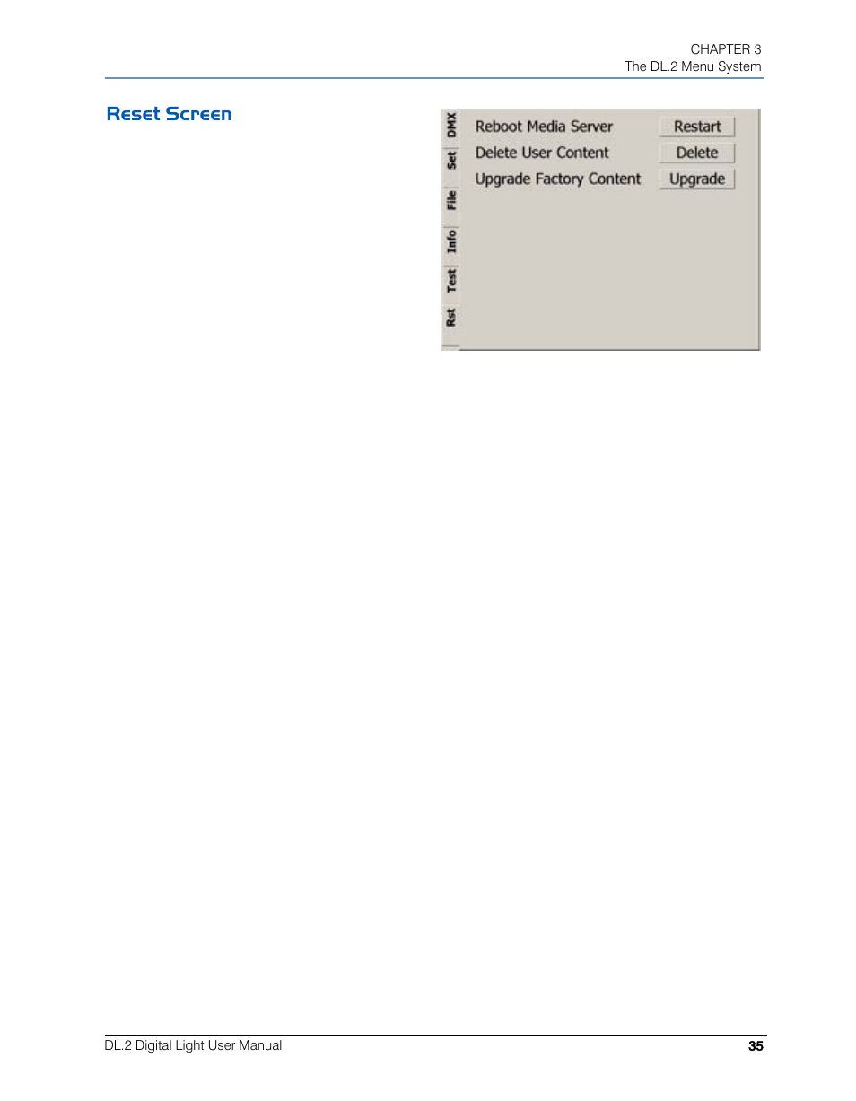 Reset screen | High End Systems DL.2 User Manual | Page 57 / 322
