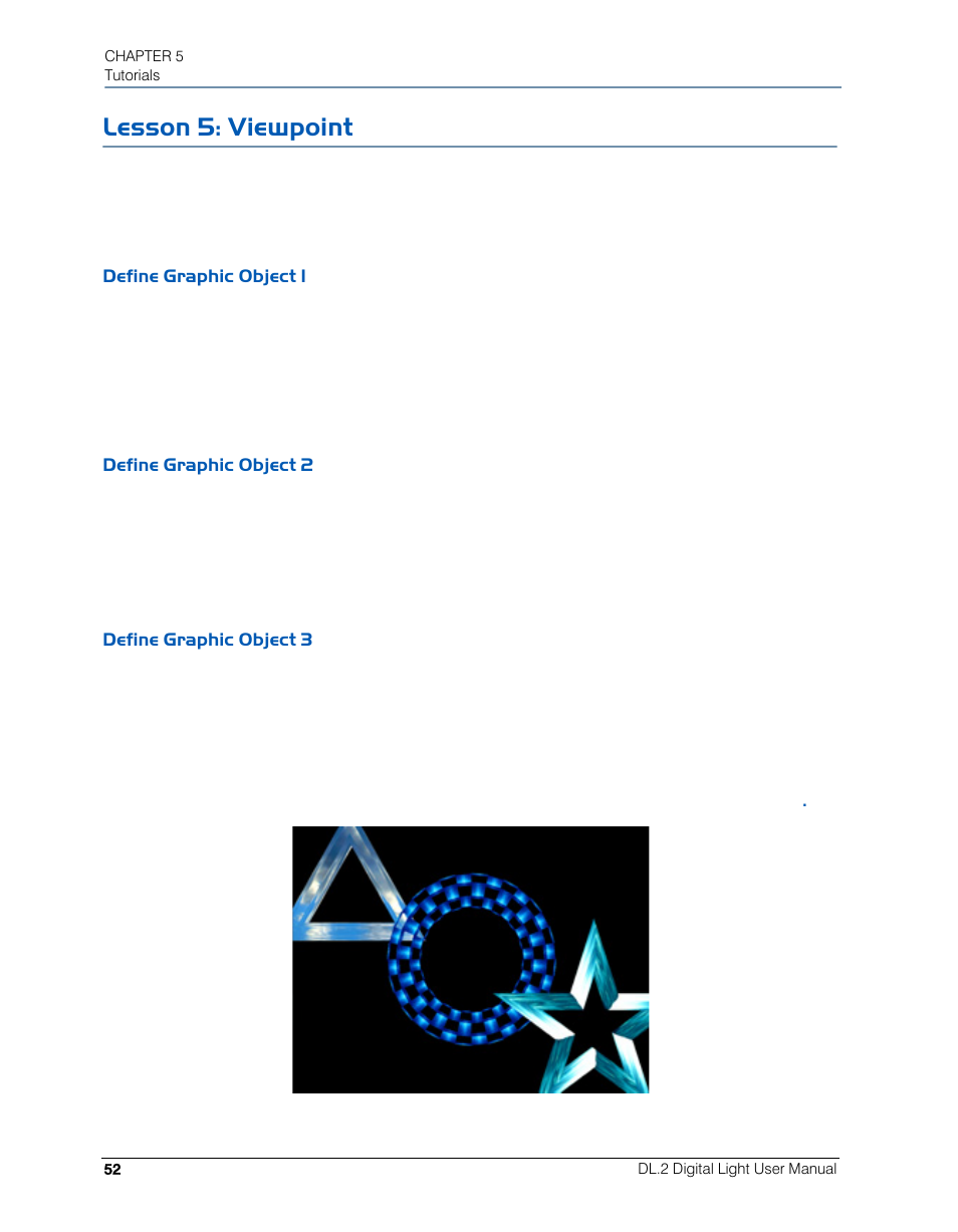 Lesson 5: viewpoint, Define graphic object 1, Define graphic object 2 | Define graphic object 3 | High End Systems DL.2 User Manual | Page 74 / 322