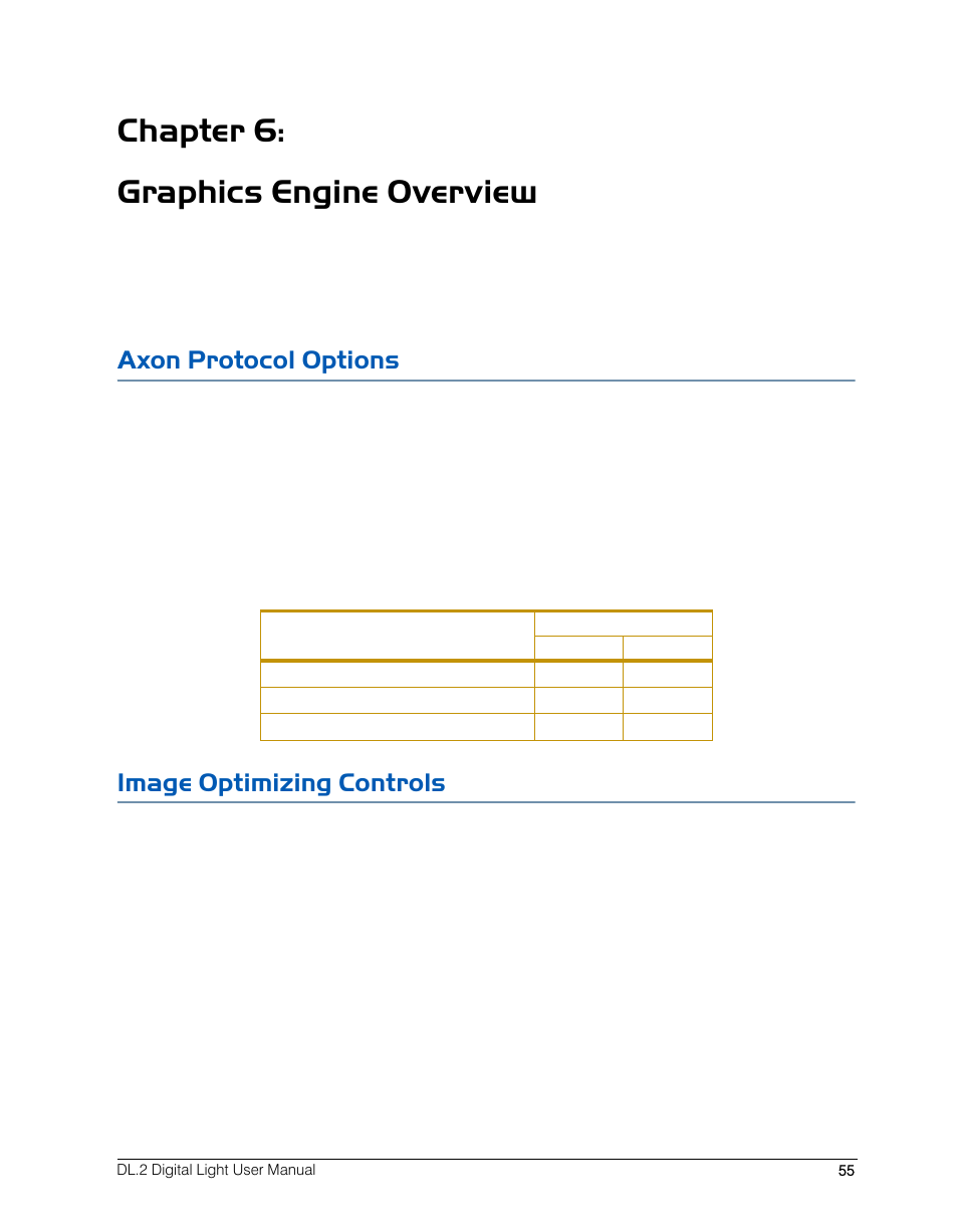 Chapter 6: graphics engine overview, Axon protocol options, Image optimizing controls | Axon protocol options image optimizing controls | High End Systems DL.2 User Manual | Page 77 / 322