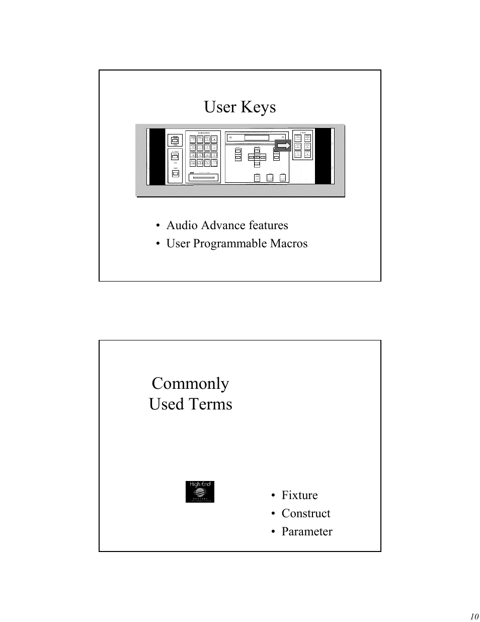 User keys, Commonly used terms | High End Systems Universal Controller User Manual | Page 10 / 44