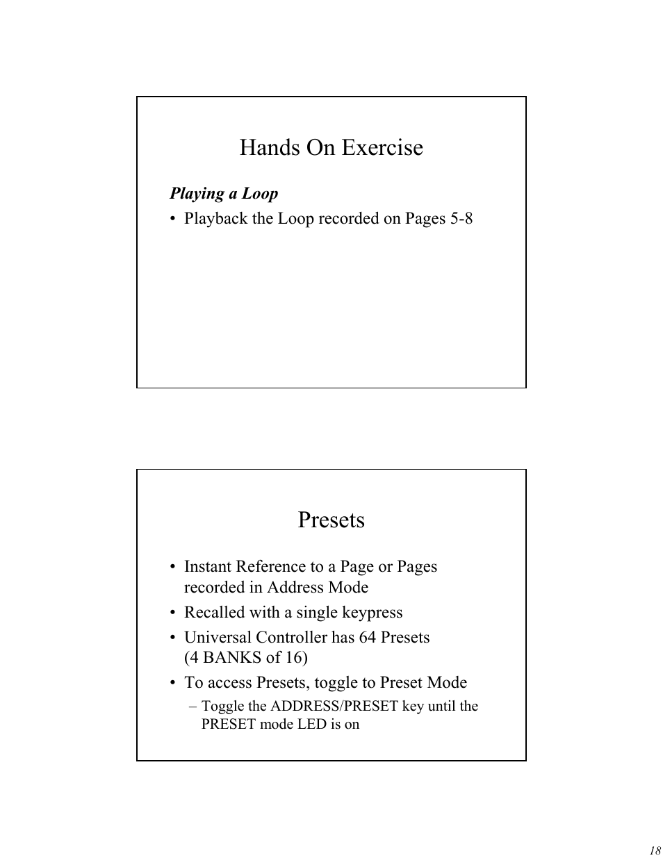 Hands on exercise, Presets | High End Systems Universal Controller User Manual | Page 18 / 44