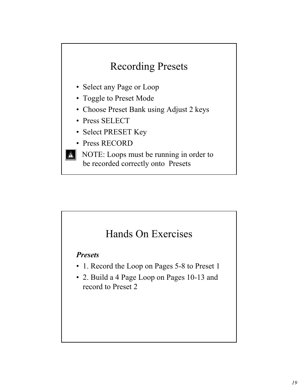 Recording presets, Hands on exercises | High End Systems Universal Controller User Manual | Page 19 / 44