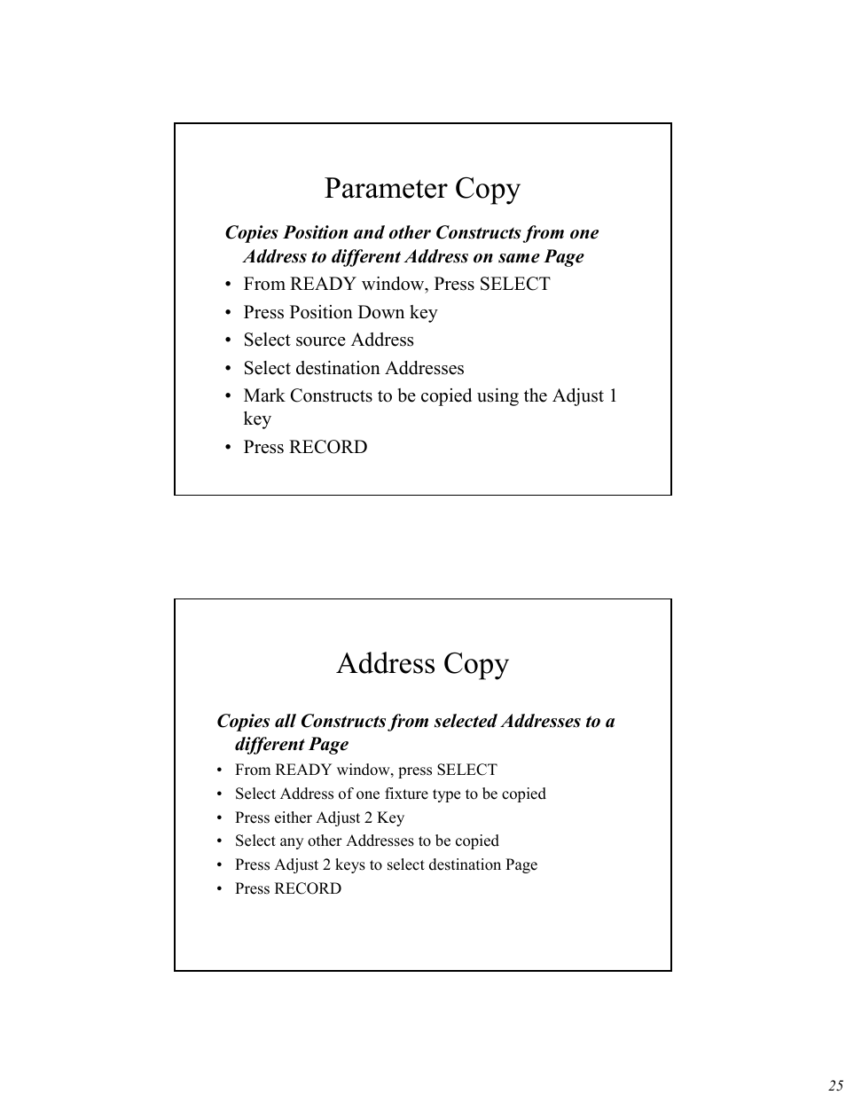 Parameter copy, Address copy | High End Systems Universal Controller User Manual | Page 25 / 44