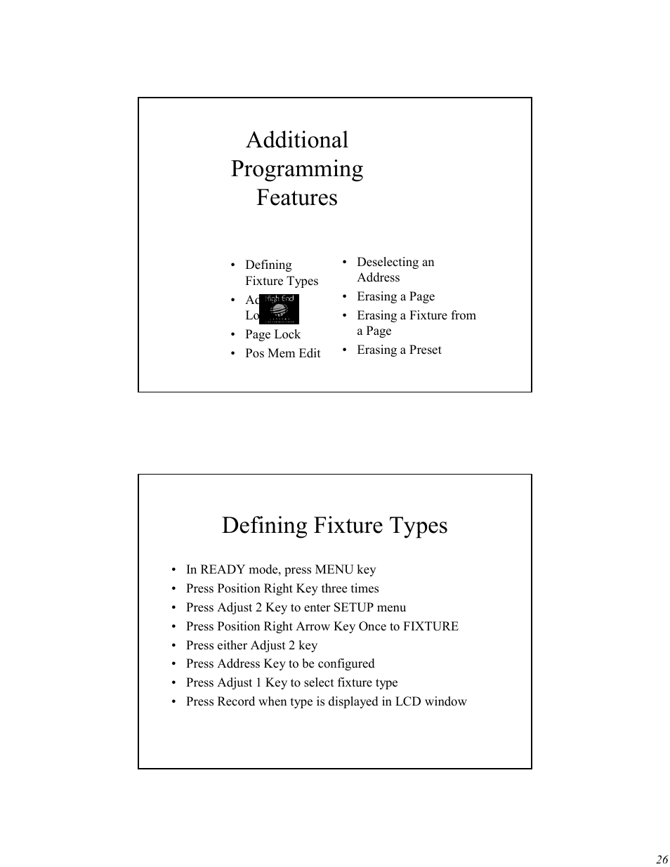 Additional programming features, Defining fixture types | High End Systems Universal Controller User Manual | Page 26 / 44