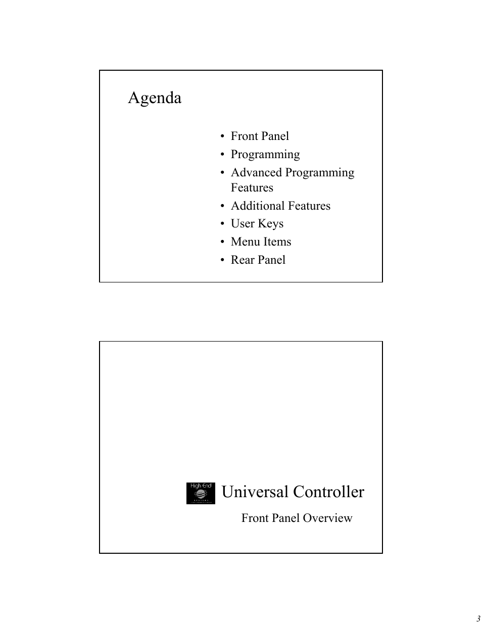 Agenda, Universal controller | High End Systems Universal Controller User Manual | Page 3 / 44