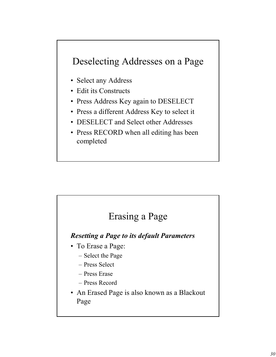 Deselecting addresses on a page, Erasing a page | High End Systems Universal Controller User Manual | Page 30 / 44