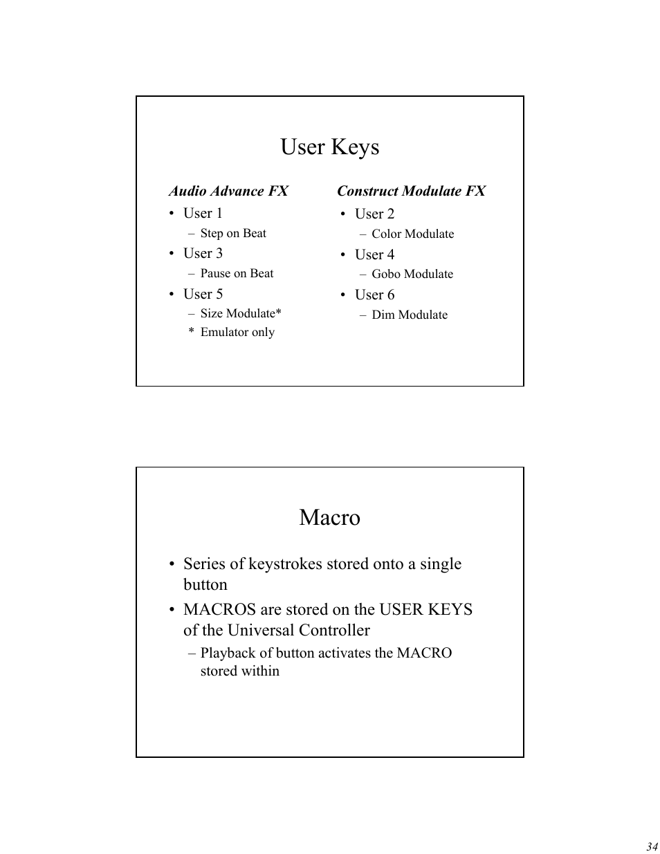 User keys, Macro | High End Systems Universal Controller User Manual | Page 34 / 44