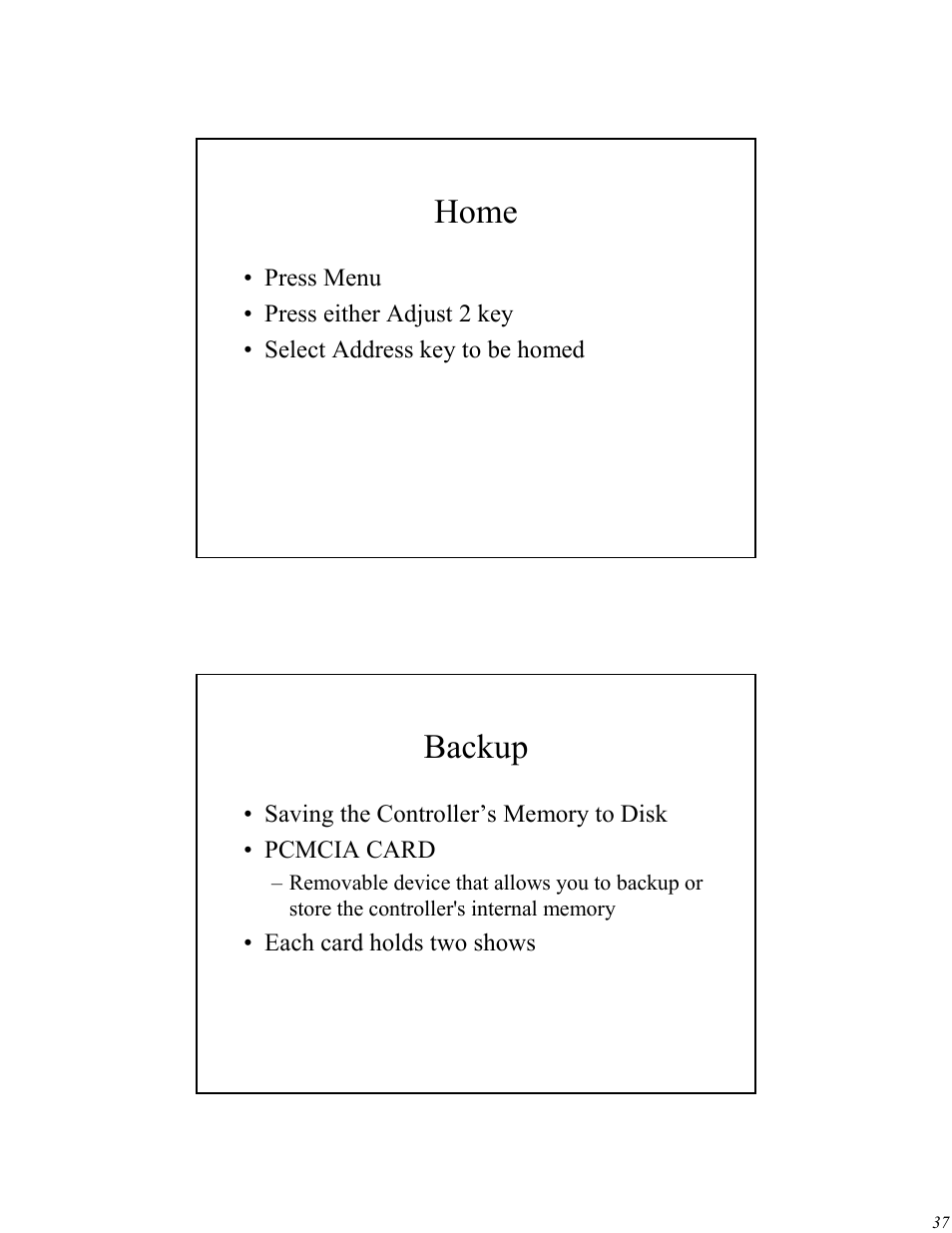 Home, Backup | High End Systems Universal Controller User Manual | Page 37 / 44