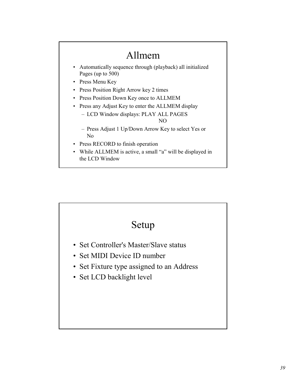 Allmem, Setup | High End Systems Universal Controller User Manual | Page 39 / 44
