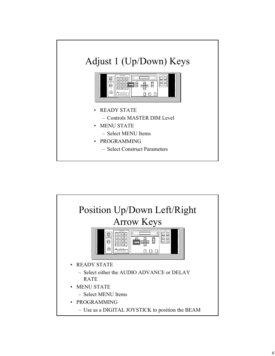 Adjust 1 (up/down) keys, Position up/down left/right arrow keys | High End Systems Universal Controller User Manual | Page 6 / 44