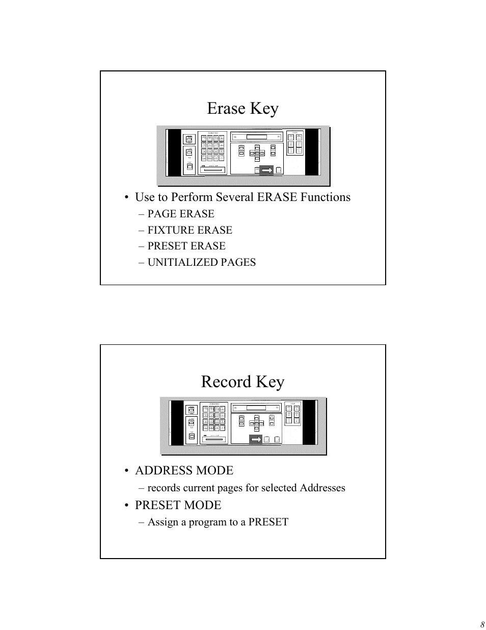 Erase key, Record key | High End Systems Universal Controller User Manual | Page 8 / 44