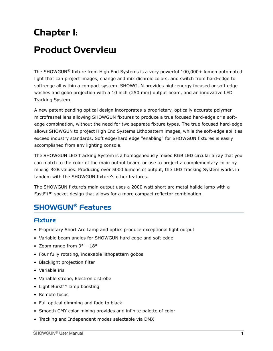 Chapter 1: product overview, Showgun® features, Fixture | Chapter 1, Product overview, Showgun, Features | High End Systems SHOWGUN User Manual | Page 13 / 76