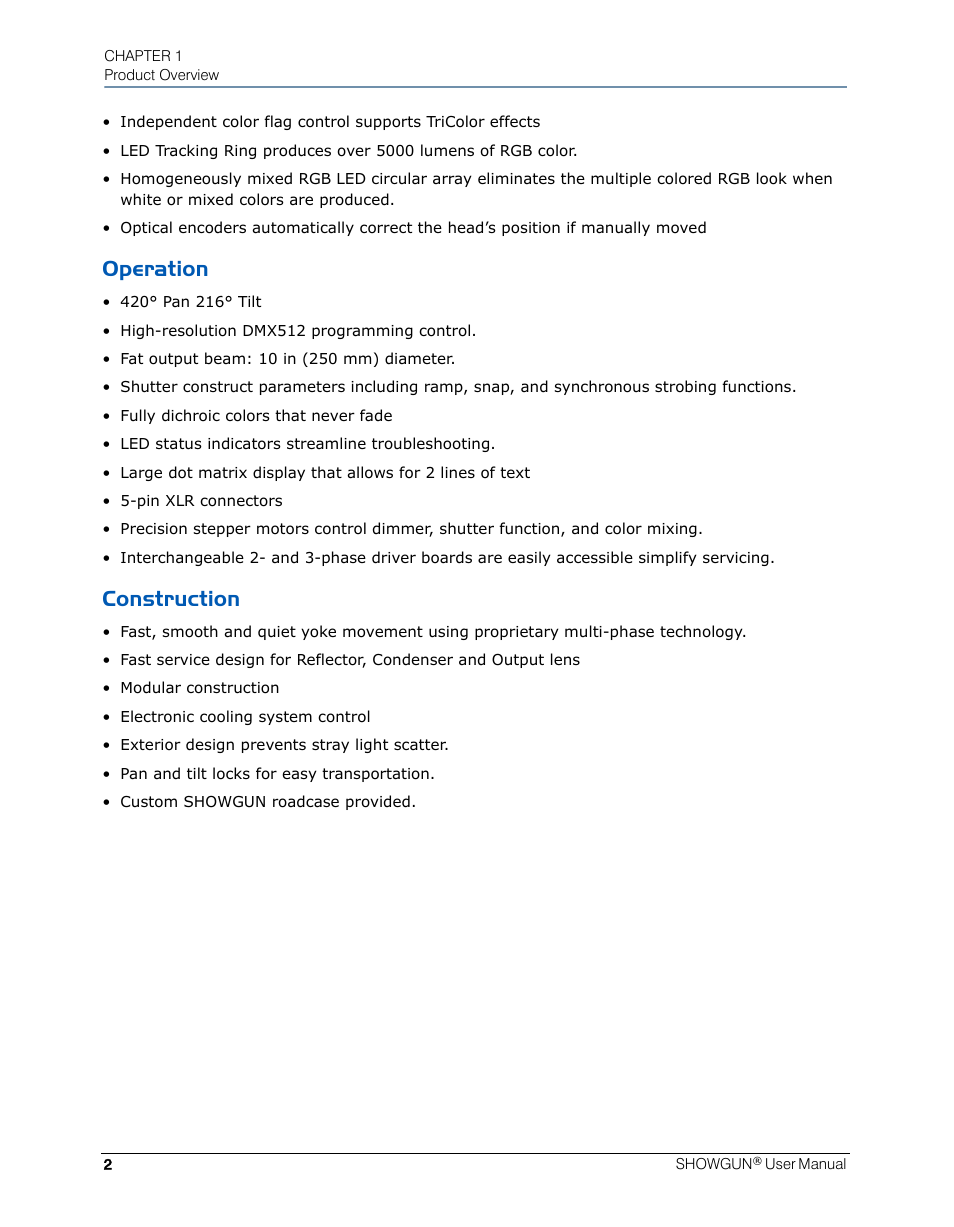 Operation, Construction, Operation construction | High End Systems SHOWGUN User Manual | Page 14 / 76