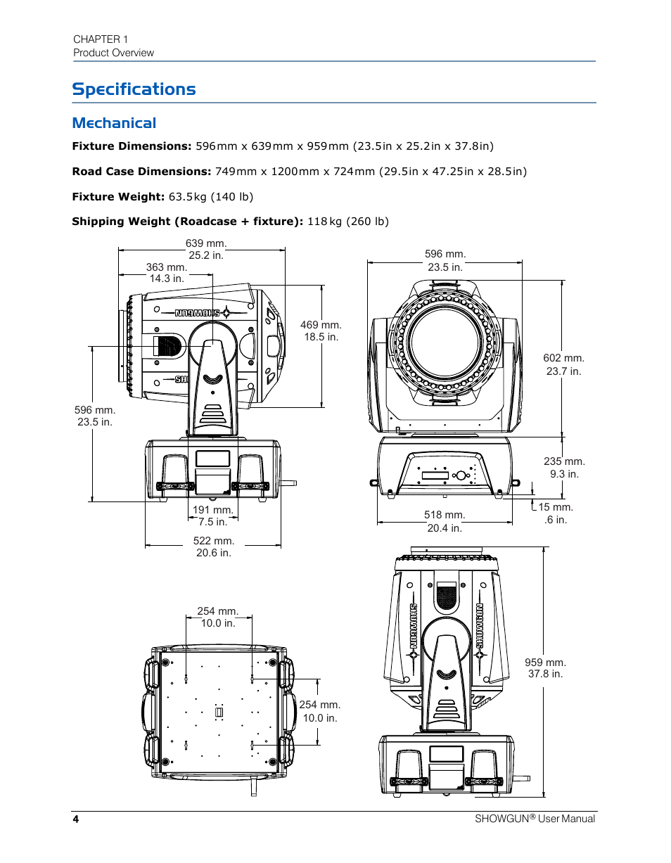 Specifications, Mechanical | High End Systems SHOWGUN User Manual | Page 16 / 76