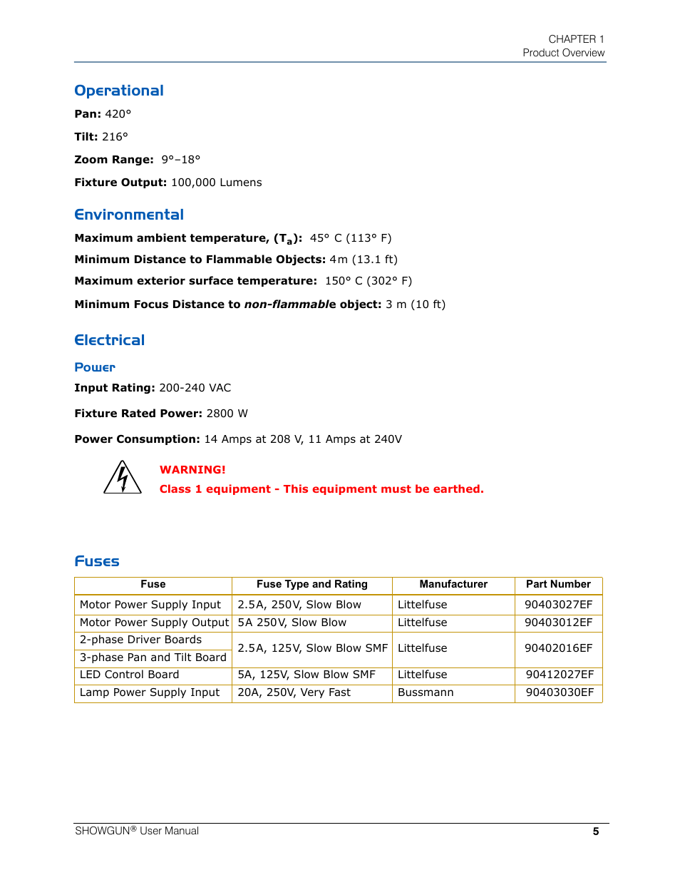 Operational, Environmental, Electrical | Power, Fuses, Operational environmental electrical fuses | High End Systems SHOWGUN User Manual | Page 17 / 76