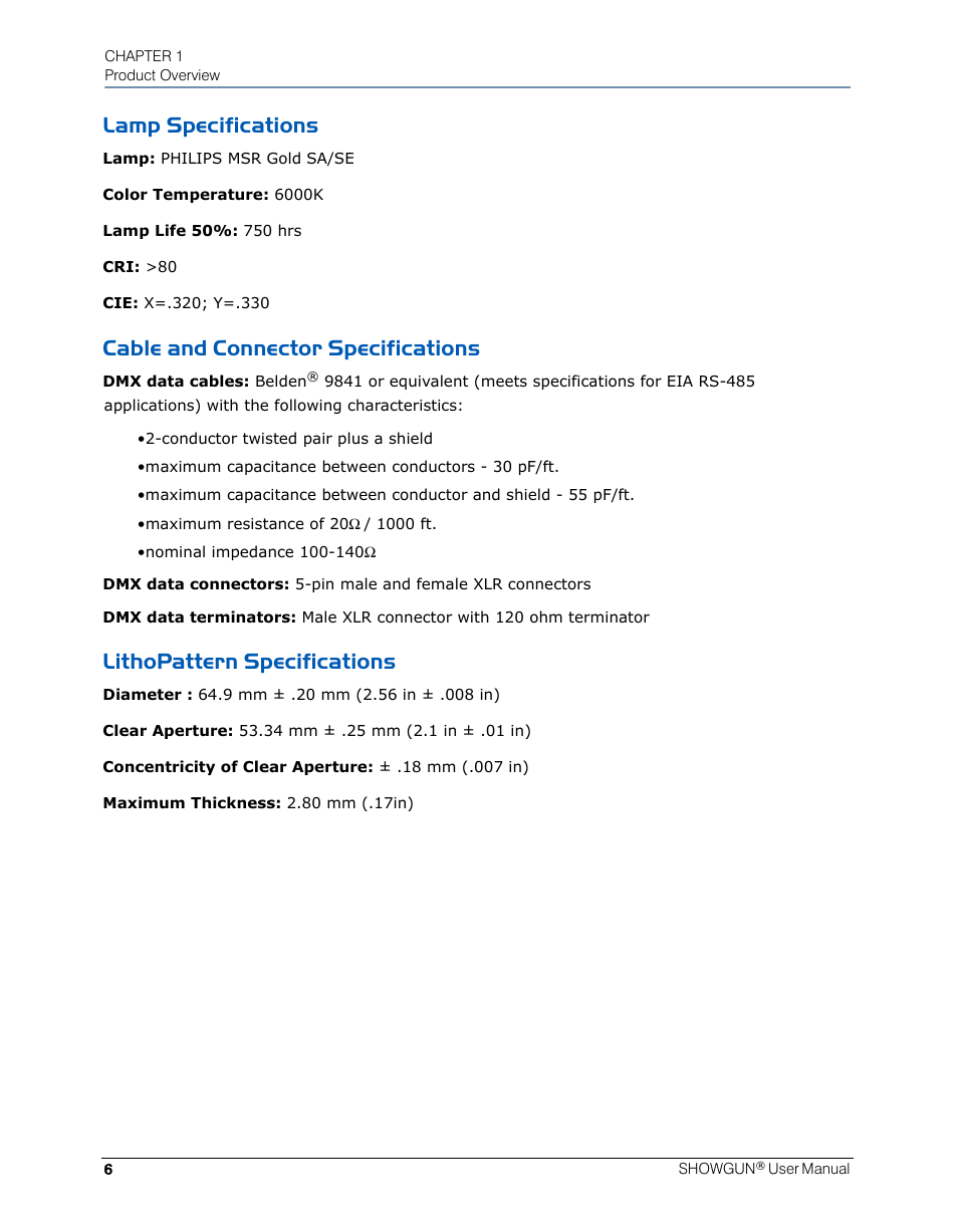 Lamp specifications, Cable and connector specifications, Lithopattern specifications | High End Systems SHOWGUN User Manual | Page 18 / 76