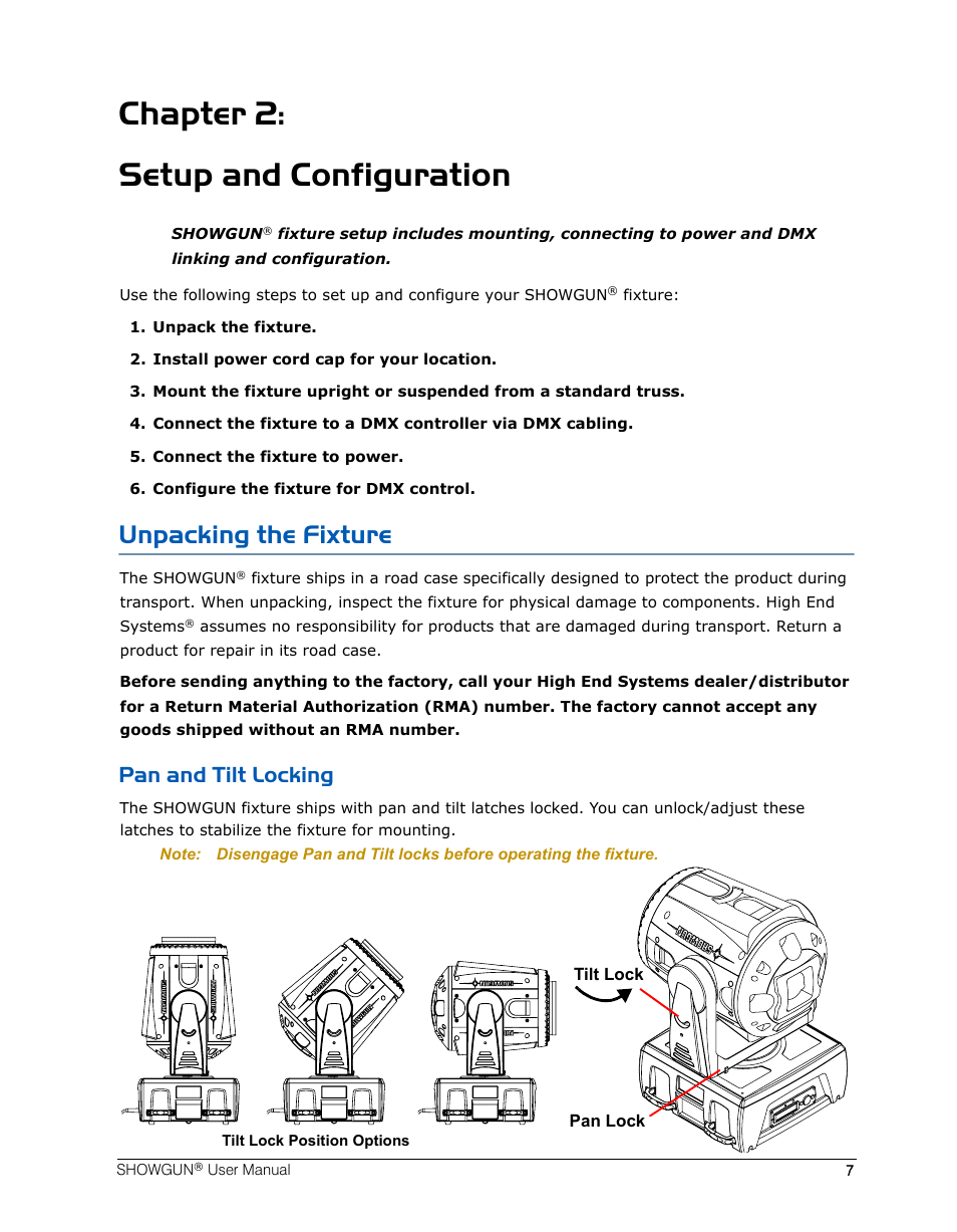 Chapter 2: setup and configuration, Unpacking the fixture, Pan and tilt locking | High End Systems SHOWGUN User Manual | Page 19 / 76